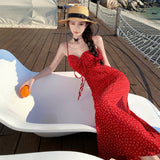 2025 New Retro Pure Red Strap Slings Broken Flower Dress Women's Waist Thin Temperament Dress