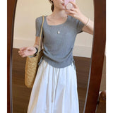 Simple Style Collar On Both Sides Of The Drawstring Short Sleeve 2025 Summer New Korean Version Of The Casual Temperament Pure Color T-Shirt Top