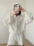Waffle Knitted Blouse Female Full Zipper Hoodie Languized Retro Casual Outer Coat