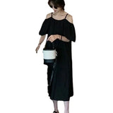 French Slings A Word Shoulder Green Dress Women 2025 Summer New Loose Shoulder-Sensitive Dress