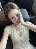 Summer Pure Style Slimming Temperament Short-Sleeved T-Shirt Commuter Leisure Stripe True Two V-Neck Bubble Sleeve Woman