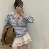 Spring 2025 New Korean Blogger Wears Striped Collar Retro Casual Loose Knitted Shirt Top