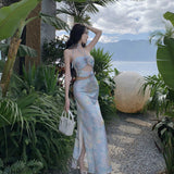 French Romantic Hanging Neck Rose Flower Hollow Long Dress Elegant Sexy Breast Repair Dress
