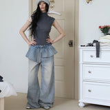 Korean Chic Niche Design High-Waisted Splicing Lotus Edge Water Wash White Jeans Female Ballet Temperament Straight Trousers