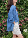 French Loose-In-Sense Shirt Thin-Sting Loose Sun-Sample Nes Blue Shirt Cotton Linen Woman