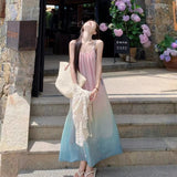 Korean Gradient Sling Dress Women 2026 Summer New Beach Temperament Seaside Holiday Dress Thin Super Fairy