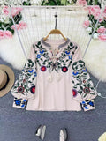Spring And Autumn Retro National Style Temperament Long-Sleeved Round Collar Collar Embroidered Loose Shirt Female Air Doll Shirt