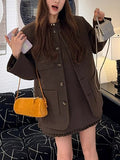 Coffee-Colored Fireplace Hairy Suit Round-Neck Coat Vest Dress Dress Set Two Sets