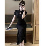 New Chinese Style Dark Flower Improved Cheongsam Women Summer Waist Thin Dress Buckle Design With The Hip Fishtail Skirt