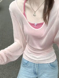 Summer New Korean Design Colliding V-Neck Long Sleeve Thin Sunscreen Knitting Shirt + Bow Slings Stacked Clothes