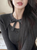 Vintage Gray Bow Tie With Knitted Bottom Shirt Female Design Feeling Autumn And Winter Hottie Hollow Long Sleeve Top