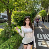 Spice Girls Sexy Slanted Shoulder Long Sleeve T-Shirt Girl Summer Repair Sunscreen Shirt Irregular Casual Chic White Teater