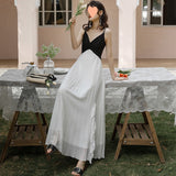 French Small Retro Black And White Splicing Irregular Lotus Edge Super Fairy Sling Dress Women's Holiday 100-Fold Long Dress