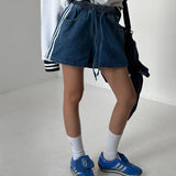 High Waist Tight Drawstring Tie With Side Of The Tie Denim Shorts Women Summer Water Wash Denim Blue Leg Shorts