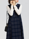 Autumn And Winter Folding Wears Vintage Fashion Slemming Tibetan Blue Lattice Vest Skirts With Loose Thin Dresses