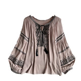 Ocean Gas Age-Reduced Retro Heavy Industry Embroidered Round Tie With Lantern Sleeve Shirt Women Loose Leisure Holiday Top