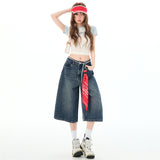 Seven-Point Trousers Women's Straight Loose High-Waisted Denim Short Midsley 2025 Dark Blue 2026 New Lysier Fiber