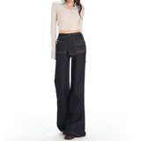 Deep Blue Retro Asymmetric Waist Seal Design Micro-Tipped Jeans Women 25 Years Autumn And Winter New Fake Two Broad-Legged Trousers