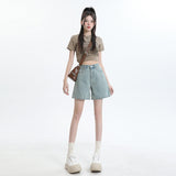 1527# New High-Waisted Denim Shorts Women Loose Design Feel Niche Retro Broad Legs A Word Hot Pants Thin