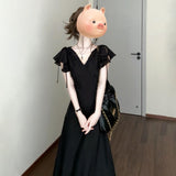2025 Xia Hepburn Dark Night French High-End Velvet Texture Cold Temperament Small Man Showing High Artifact V Collar Long Skirt