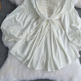 New Women's Dress French Court Doll Lace Bow Tie With Lantern Sleeve Pearl Buckle Dress