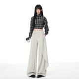 New Spring New Brown Gray Irregular Ribbon High-Rise Broad Leg Pants Women Thin Hanging Straight Slacks