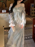 2025 Early Autumn Seaside Tourism Temperament Gray Blue Dye Fairy Butterfly Hot Leaves Side Long-Sleeved Dress Woman