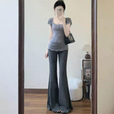 Summer New Hanging Micro-Slave Women Slim Slim Thin Waist Broad Leg Trousers Blouse Casual Two-Piece