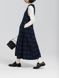 Autumn And Winter Folding Wears Vintage Fashion Slemming Tibetan Blue Lattice Vest Skirts With Loose Thin Dresses