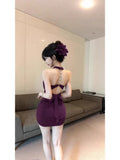 French High-End Sexy Chain V Receive Waist-Loan Back Hanging Neck Summer Pure Temperament Hip Short Dress Woman