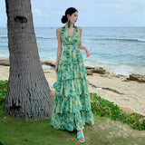2026 French Holiday Dizzling Green Hanging Neck Hanging Cake Dress Summer New Sanya Seaside Resort Dress