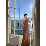 2026 Want To Burn The City Hanging Neck Card Color Splicing Dress Close Waist Tight Birthday Dress Famous Slings Long Skirt