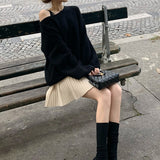The Sunny Day Confession_Through The Wardrobe Full Folded Full Wool Skirt / V Collar Henry Waist High-Waist College Wind