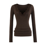 Lace V Collar Inside The Bottom Shirt Women's New Low-Collar Pure Sexy Tea Art Long-Sleeved White Top