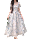 First Love French Style Collar Romantic Floral Spun Dress Women's Summer Large-Size Temperament To Close The Waist Thin Fairy Dress
