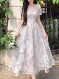 First Love French Style Collar Romantic Floral Spun Dress Women's Summer Large-Size Temperament To Close The Waist Thin Fairy Dress
