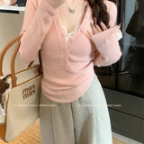 V-Neck Long-Sleeved Knitted Shirt Autumn And Winter Sweet And Spicy In The Early Winter White Bottom Repair Body Women's Gray Thin