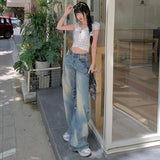 Nostalgic Polished Yellow Water Wash Straight Broad Leg Trousers Jeans Trousers Length