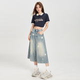 2025 Summer Denim Shorts Women New Retro Old Star Print Loose Seven-Point Pants