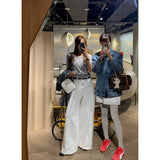 Korean Version Of Chic Thin High Waist Pressure Fold Design Loose Broad-Legged Jeans Solid Color Large Version Of Trousers 2 Colors