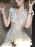 Kyoto Tea Room V-Neck Cereise Lace Embroidery Spliced Short-Sleeved Bow Blouse Dress Suit Summer Girl