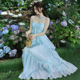 Design High-Grade Tea Break French Chic Beauty Small Fragrant Wind Seaside Holiday Nile Blue Hanging Neck Dress