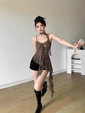 Vintage Style V-Neck Leopard-Print Small Sling Woman Summer Irregular Slimming Thin Mesh Yarn Top