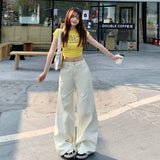 2026 Vintage Jeans Women's Design Sense Of Splicing Rice White Loose Broad-Legged Straight Trousers