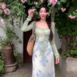 EI Yao [Flowering Half Summer] New Chinese Retro Floral Dress Women's Summer Sling Skirt Two-Piece