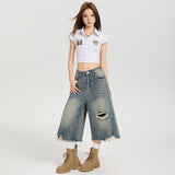 Street High-Waisted Hole Broad-Legged Jeans Women's Summer Loose Leisure Water Wash Straight Seven-Point Trousers