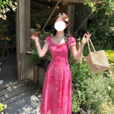 Rose Red Particularly Beautiful Thinch Waist Dress Summer Women 2025 New Light Luxury High-End Feeling Waist Slim Floral Dress