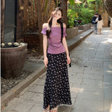 Purple One-Word Shoulder Short-Sleeved T-Shirt Temperamental Blouse Female Summer Sweet Broken Flower Dress Gentle Fashion Suit Woman