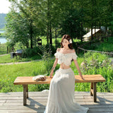 One-Word Shoulder French Lotus Side Top Women's Summer New Gentle Suit High Waist Hanging White Skirt Dress
