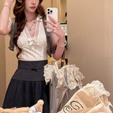 Offer On The Day Of Rest White V-Neck Bow Repair Shirt & Sesame Skirt Short-Sleeved Top